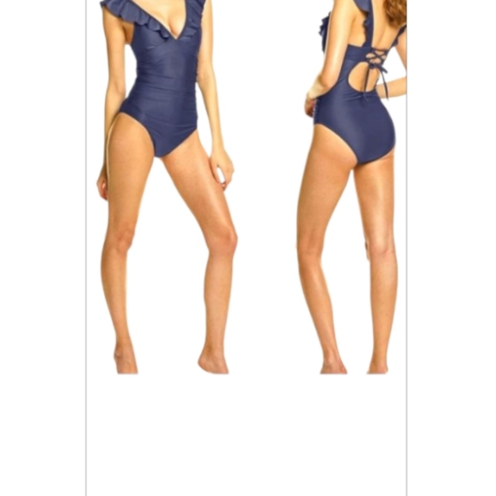 Women's Ruffled One Piece Swimsuit‎ V Neck Lace Up Sz M blue